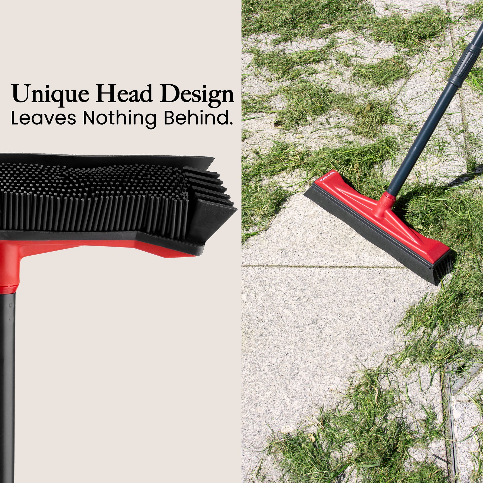 Roamwild Garden Broom key features — rubber sweeping head and side blades