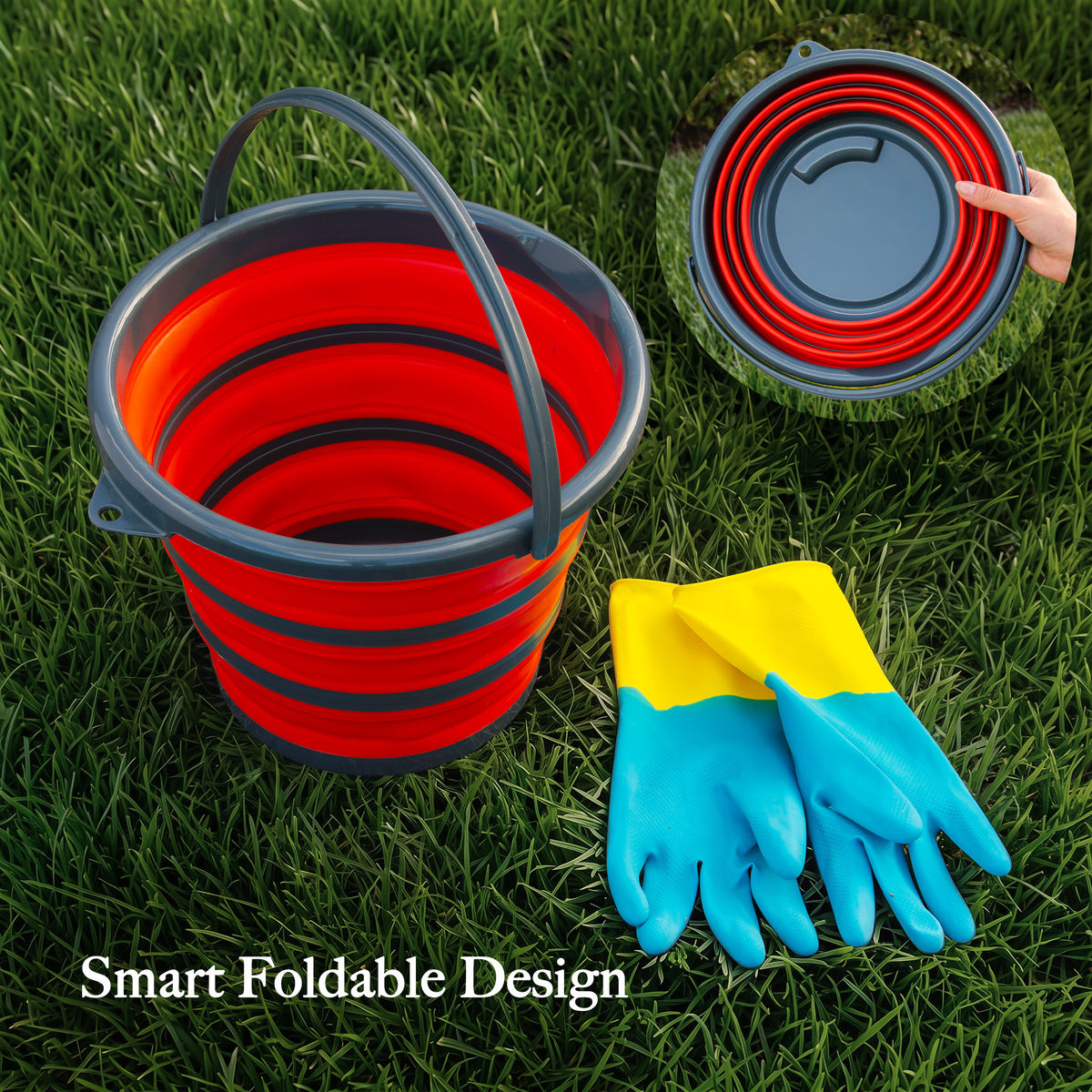 Folding bucket and grip gloves on a lawn, with the bucket also shown folded flat